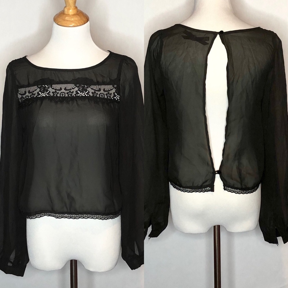 Ali & Kris Lace Trimmed Open Back Black Blouse